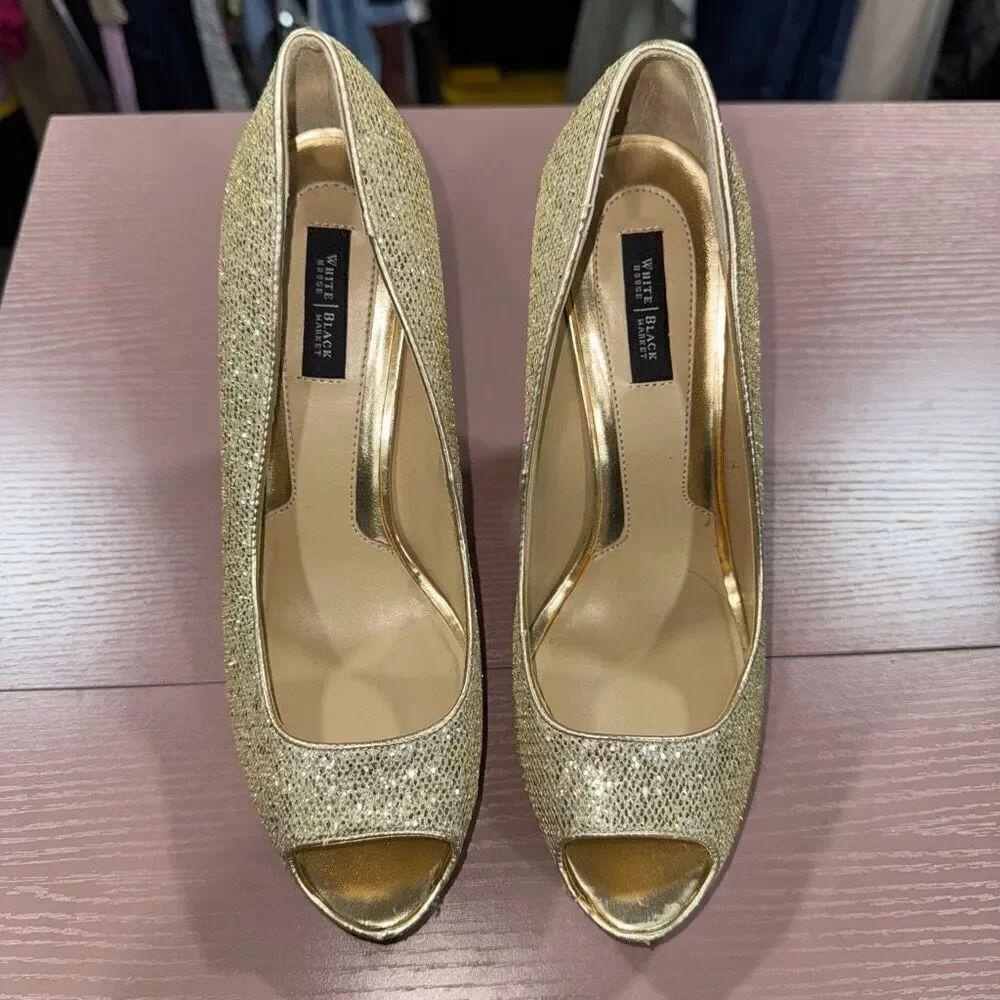 White House Black Market Dancer 8.5 gold sparkle platform stilettos